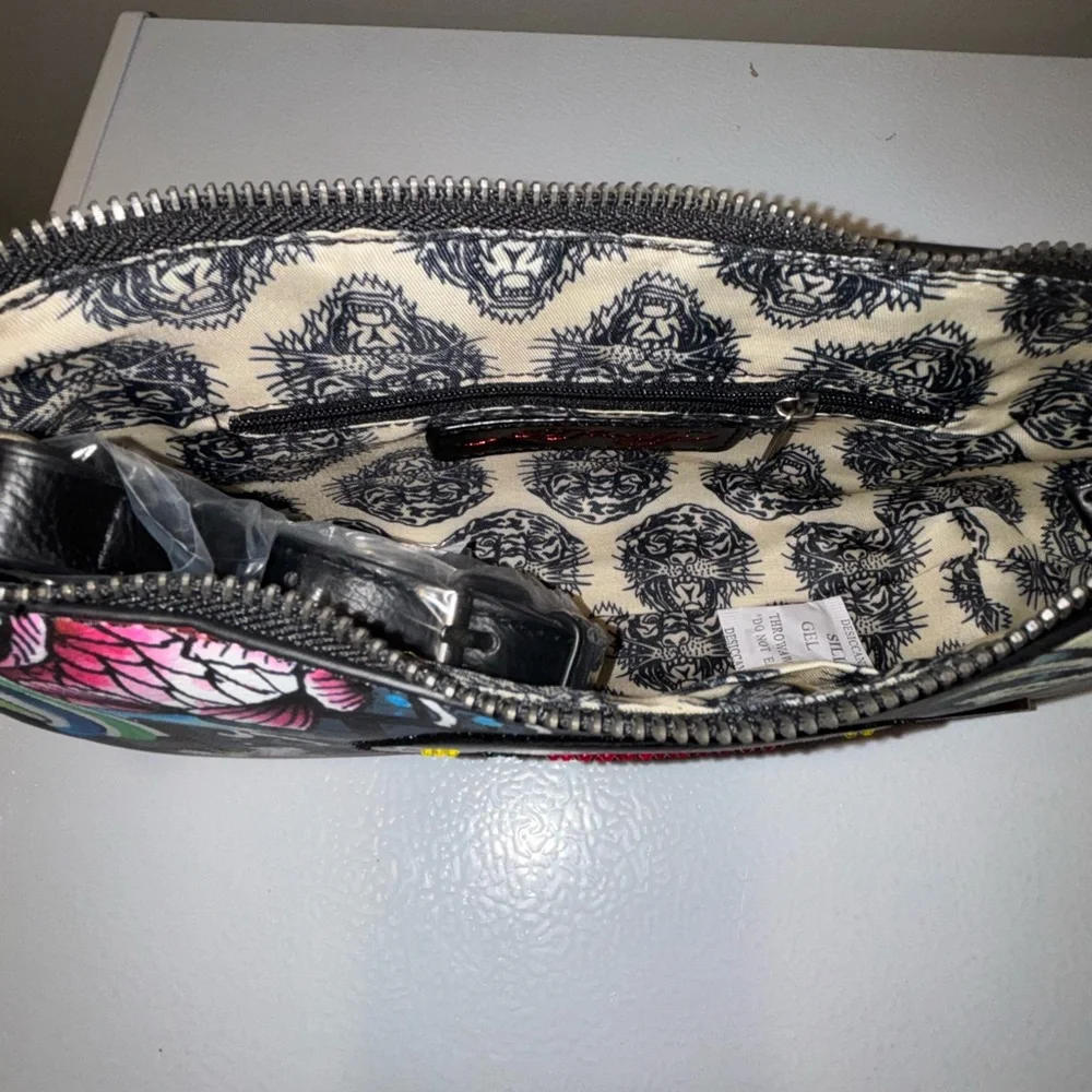 Ed Hardy Graphic Designed Handbag, NWT and Leather Cuff Bracelet, Preowned